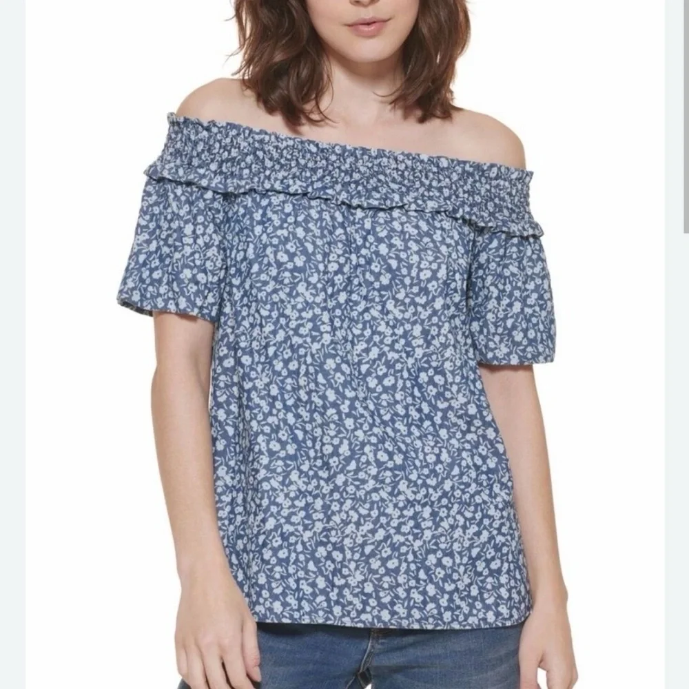Tommy Hilfiger -‎ Chambray Floral Off Shoulder Top Preppy Classic Style